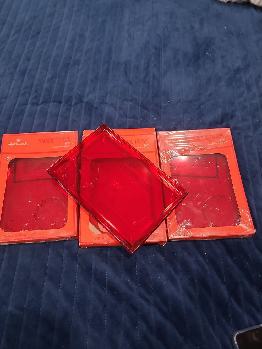 Hallmark Red Snack Trays 3 Sets Of 4 Vintage 1980s 85DP24-2 Made In USA nos Box